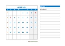 Calendrier Avril 2021 à imprimer