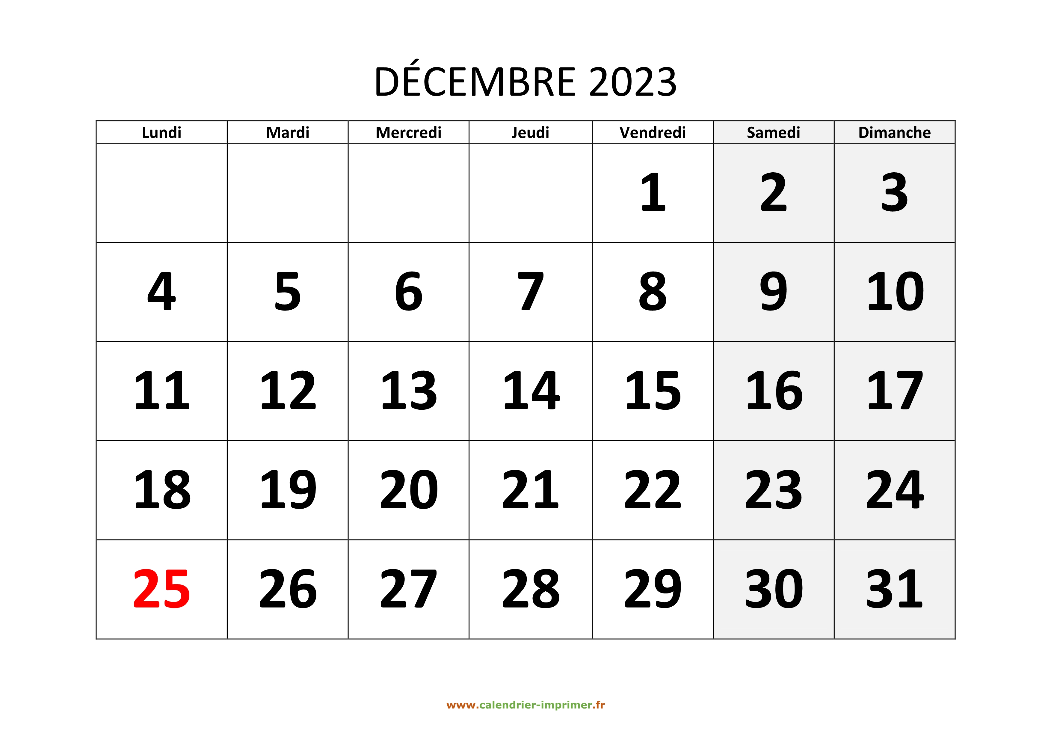 Calendrier Décembre 2023 à imprimer