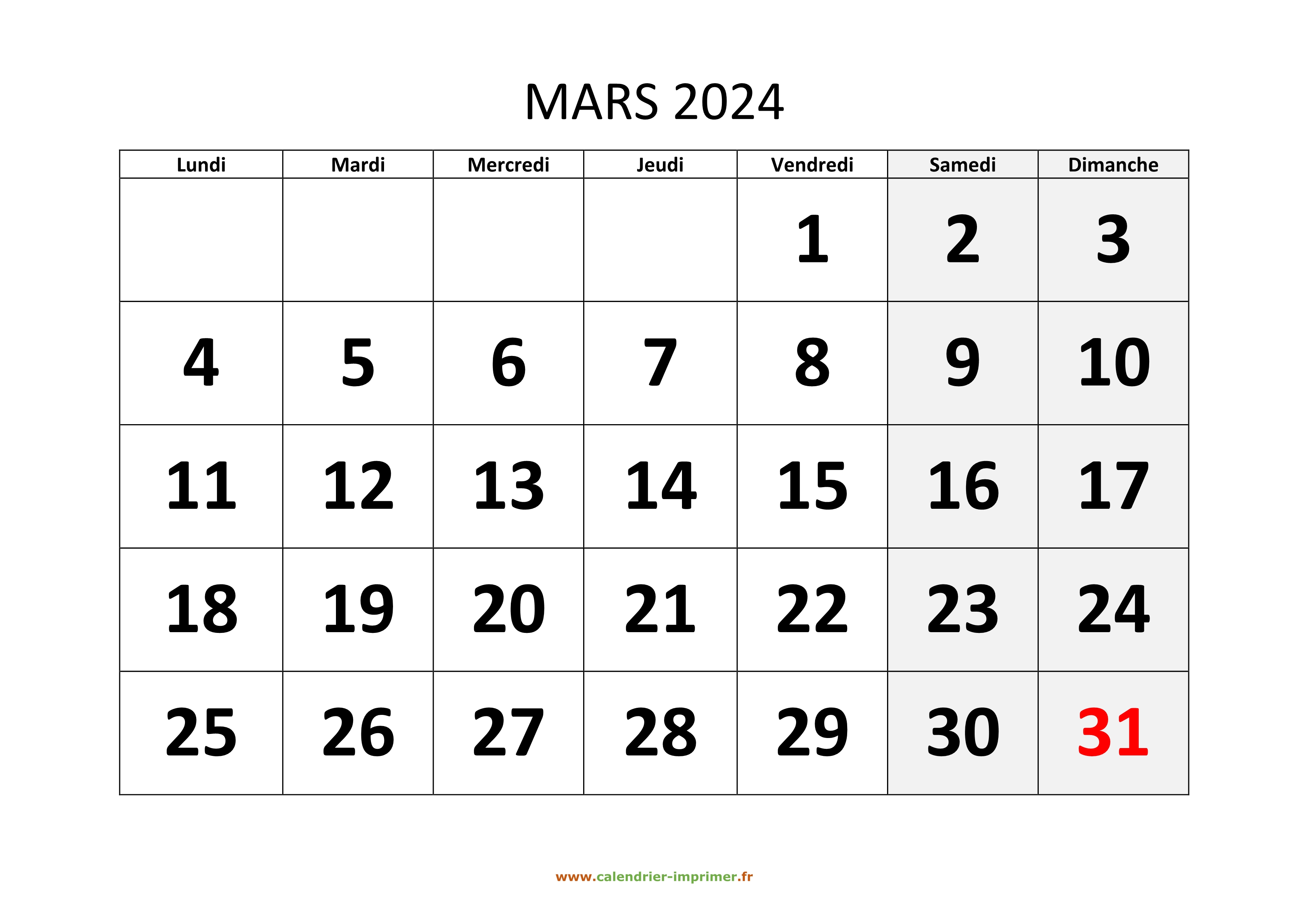 CALENDRIER 2024 MARS ET AVRIL