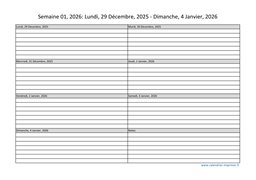 calendrier semaine 2026 (hebdomadaire/semainier) modèle 1