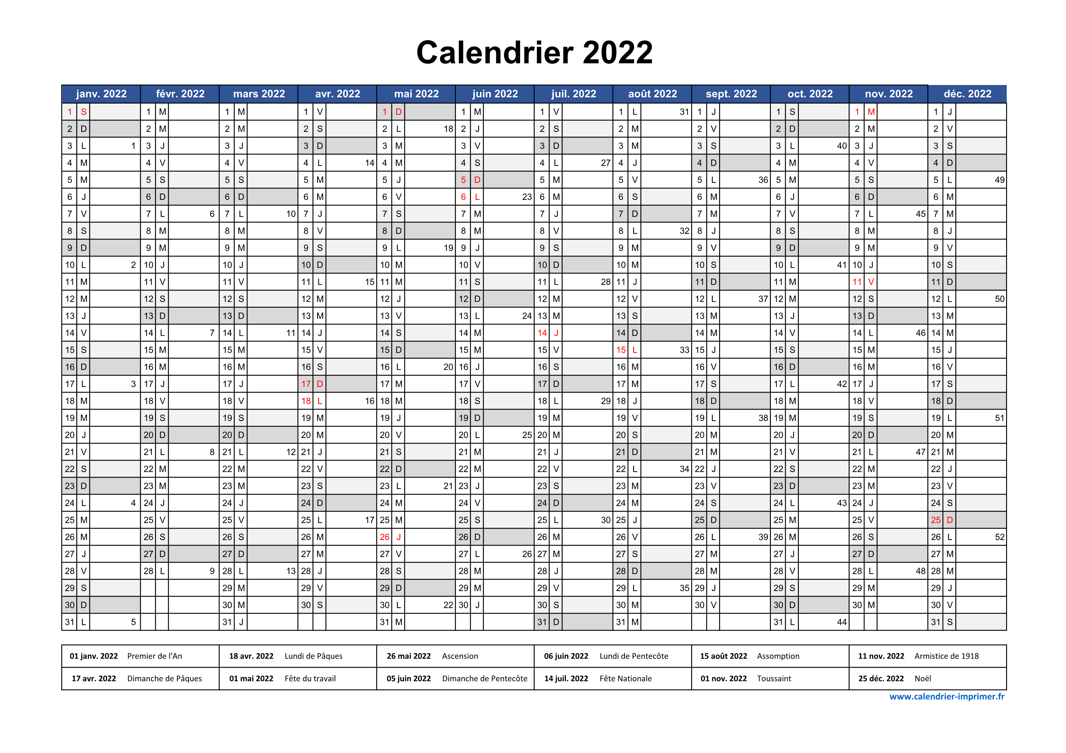 Calendrier 2022 à imprimer PDF et Excel