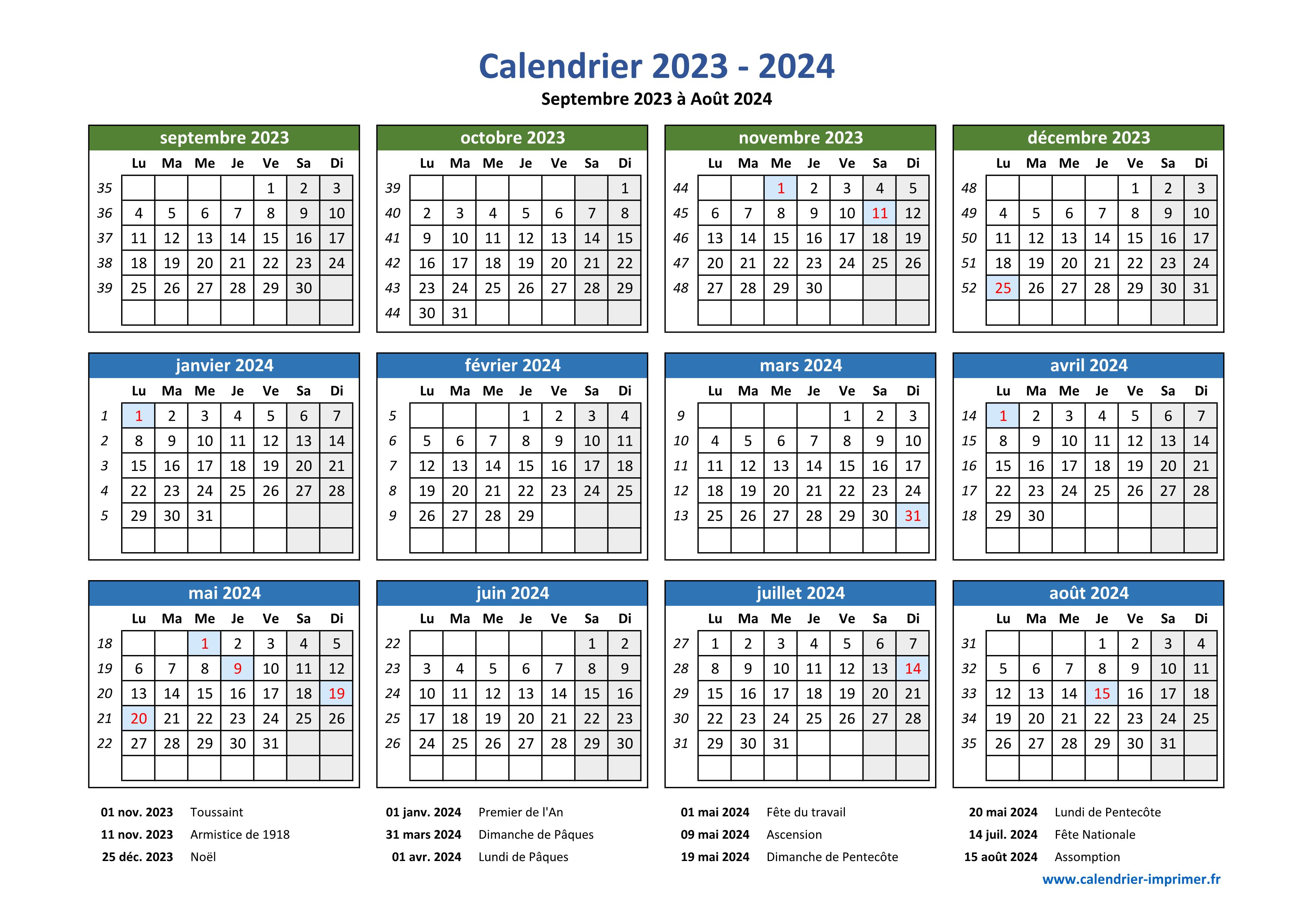 Calendrier 2023-2024