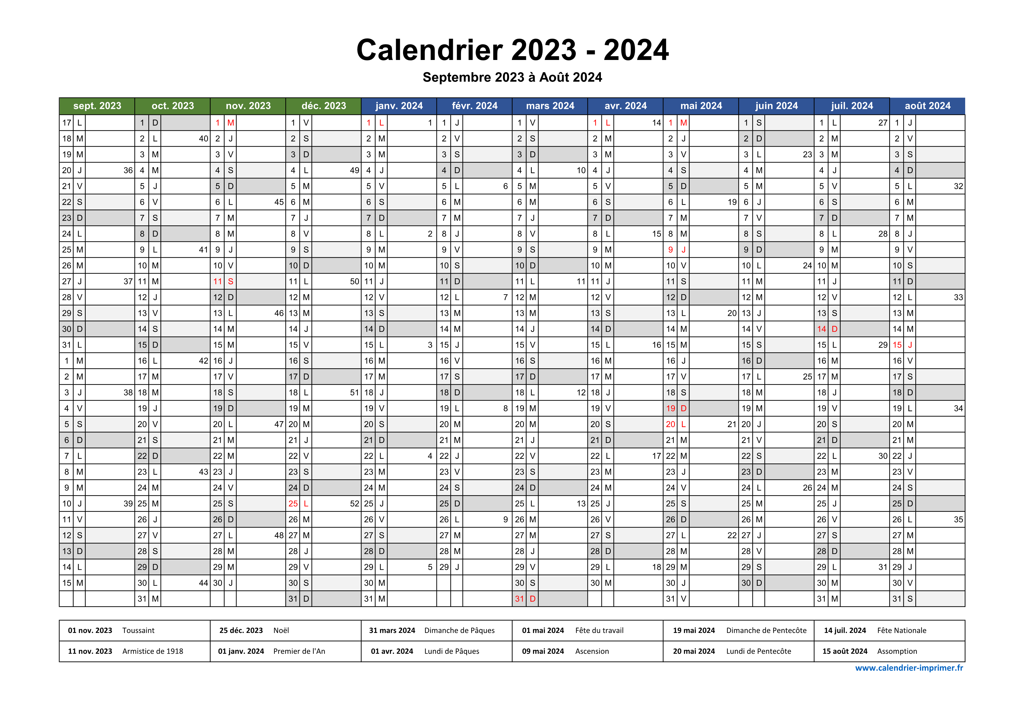 Calendrier scolaire 2023 2024 Excel gratuit 