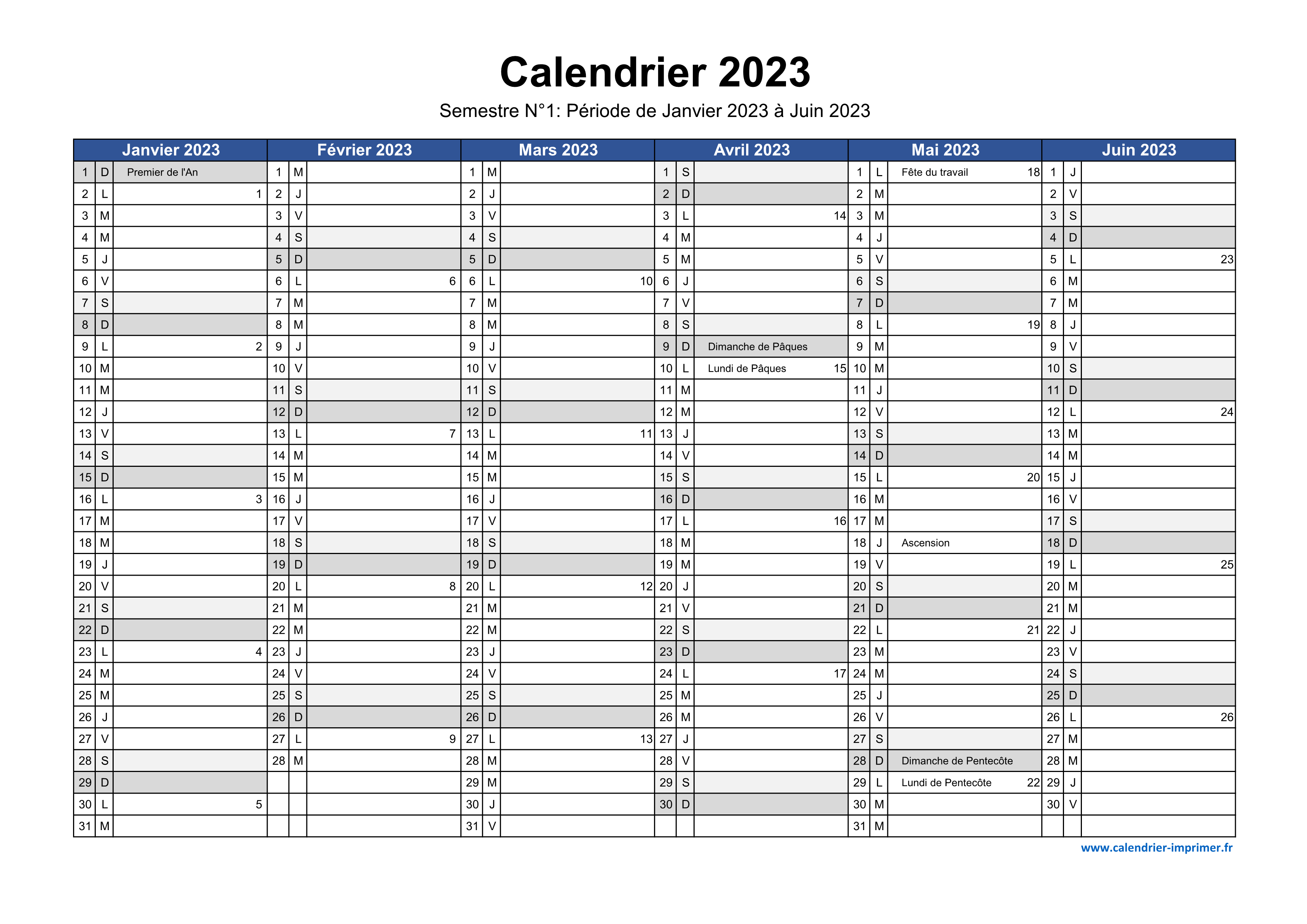 Calendrier semestriel 2023 à imprimer pour le 1er et le 2ème
