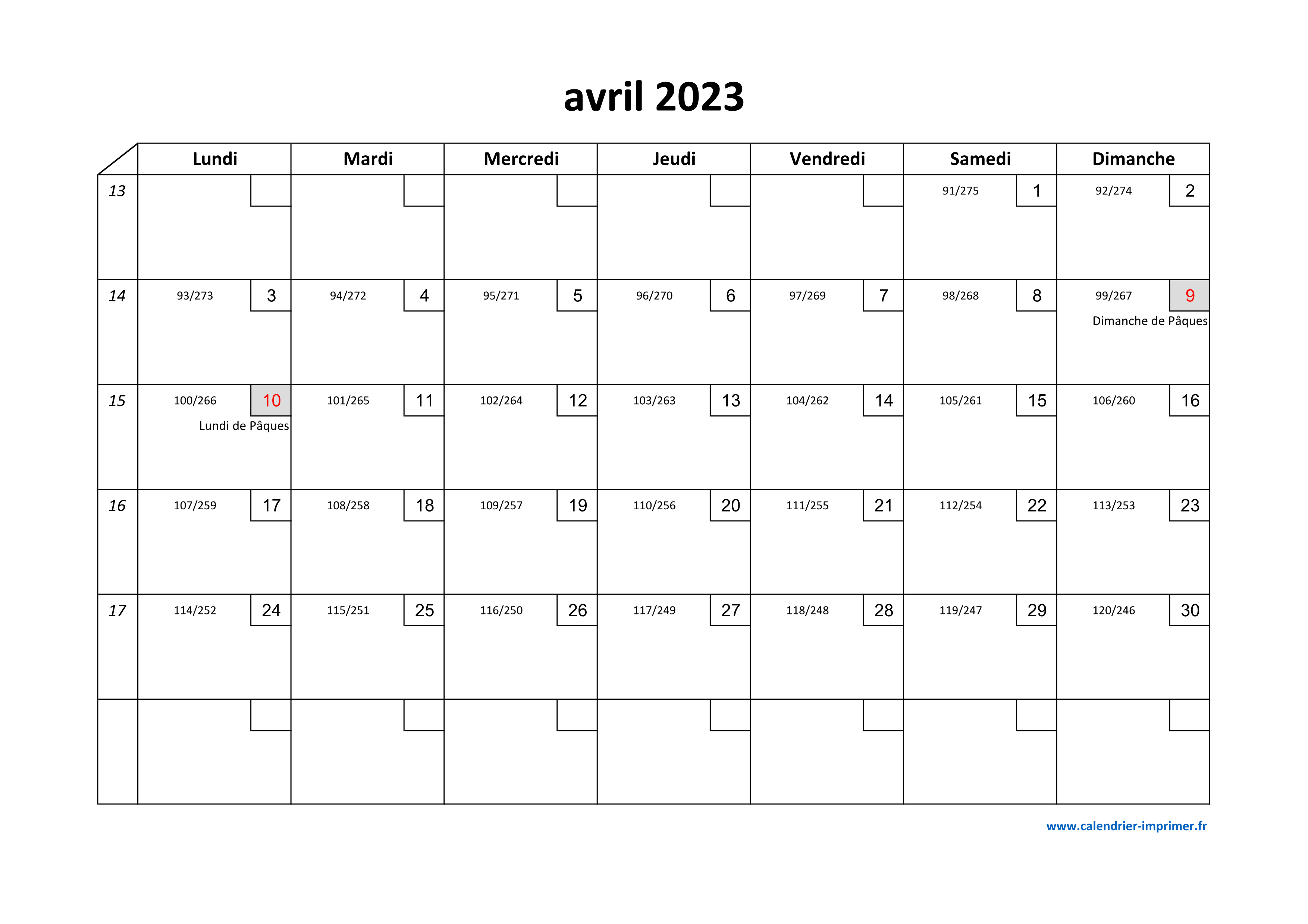 Calendrier Avril 2023 à Imprimer