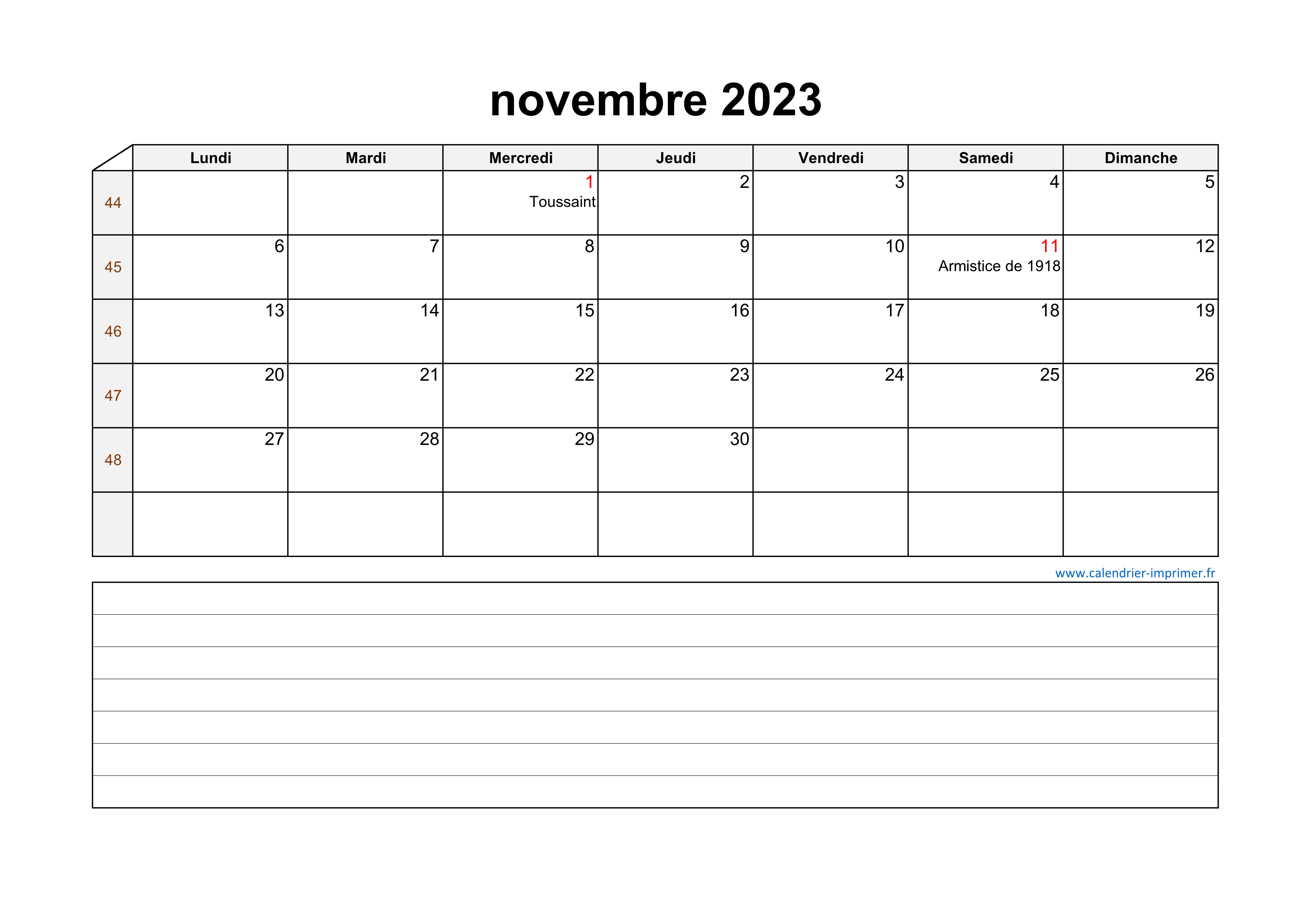 Calendrier Novembre 2023 à consulter ou imprimer 