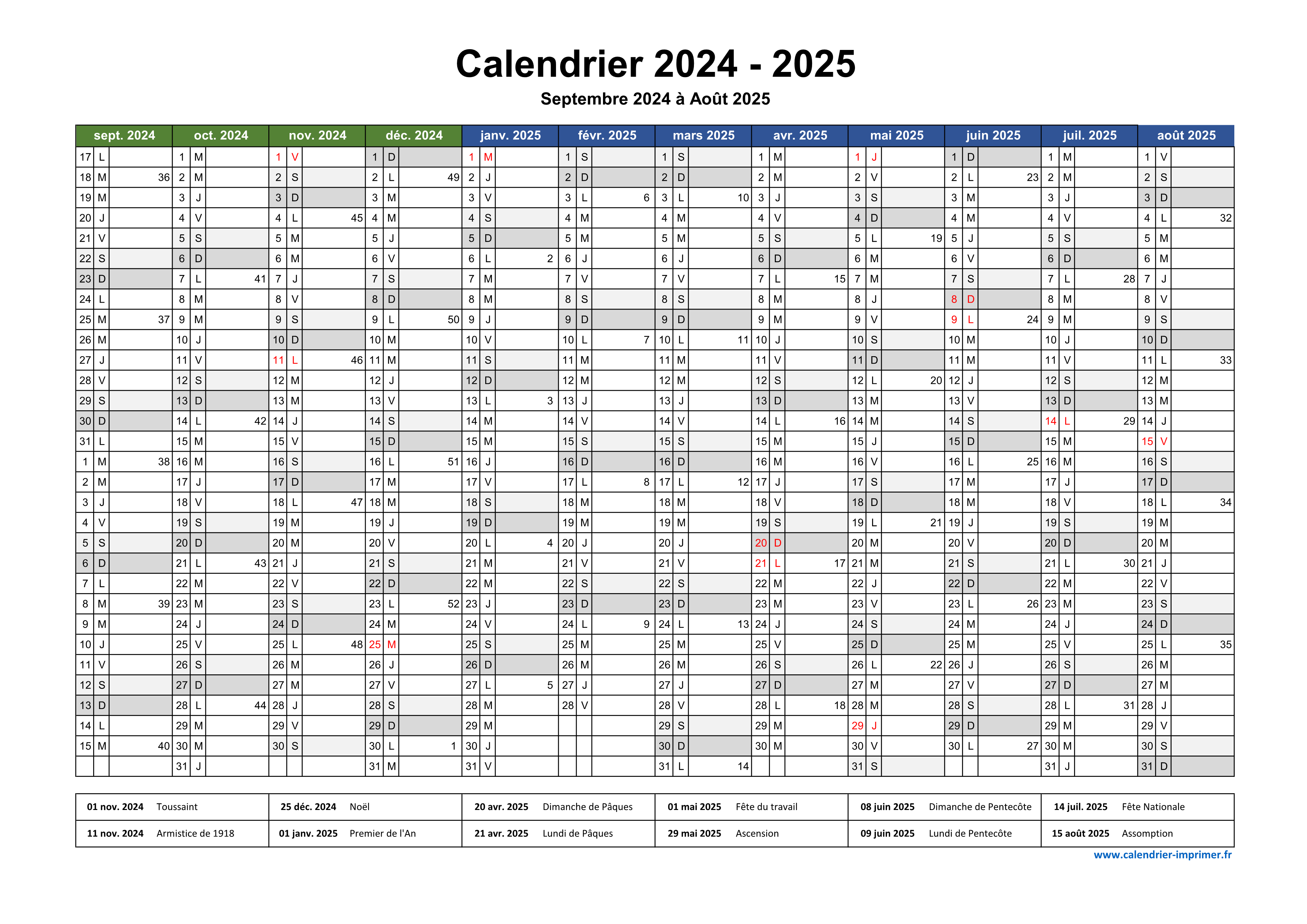 Calendrier 2024-2025 Planner 2024 à imprimer Calendrier -  France