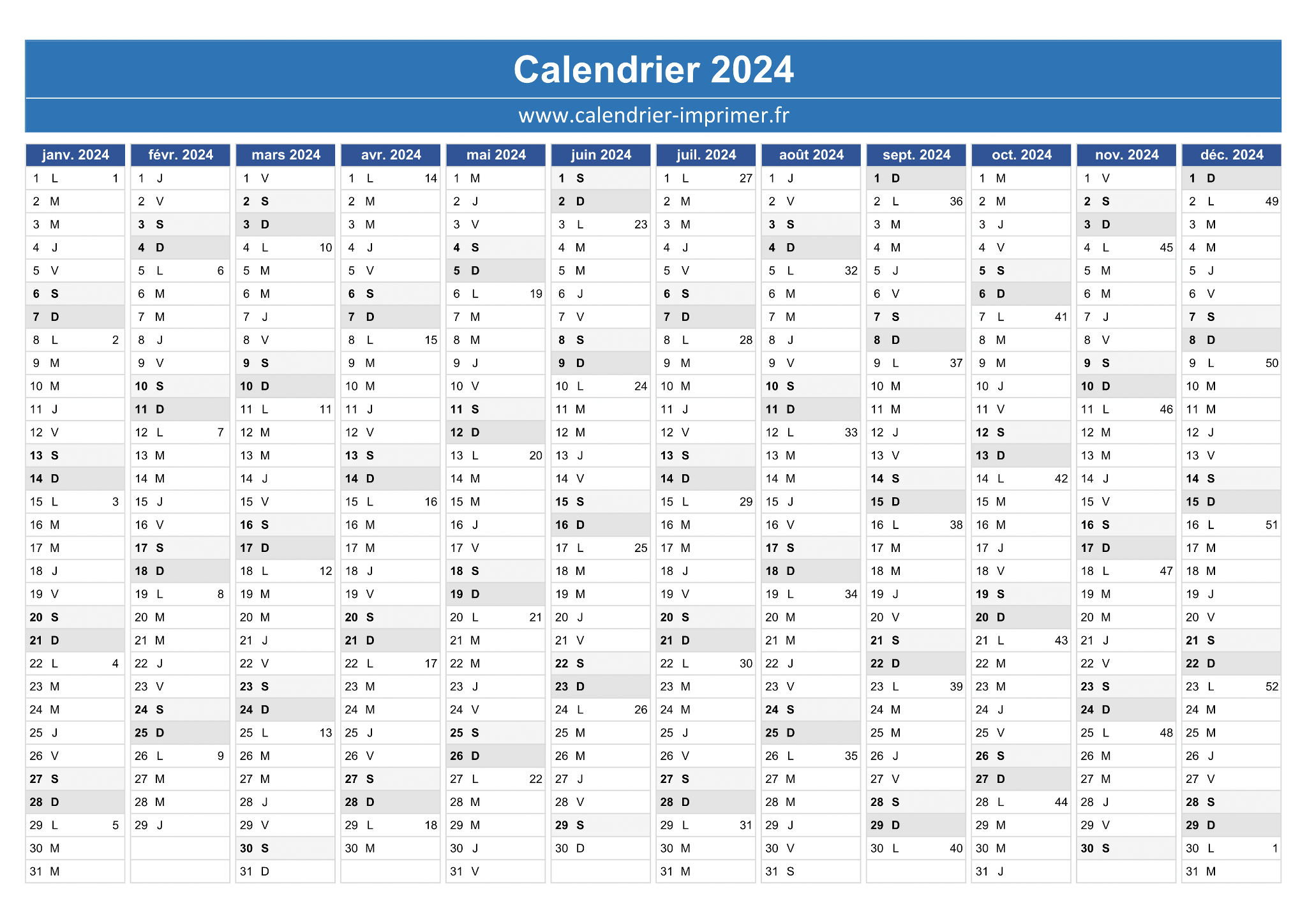 Calendrier pour le 3ème quadrimestre 2024 : mois de septembre, octobre,  novembre et décembre 2024