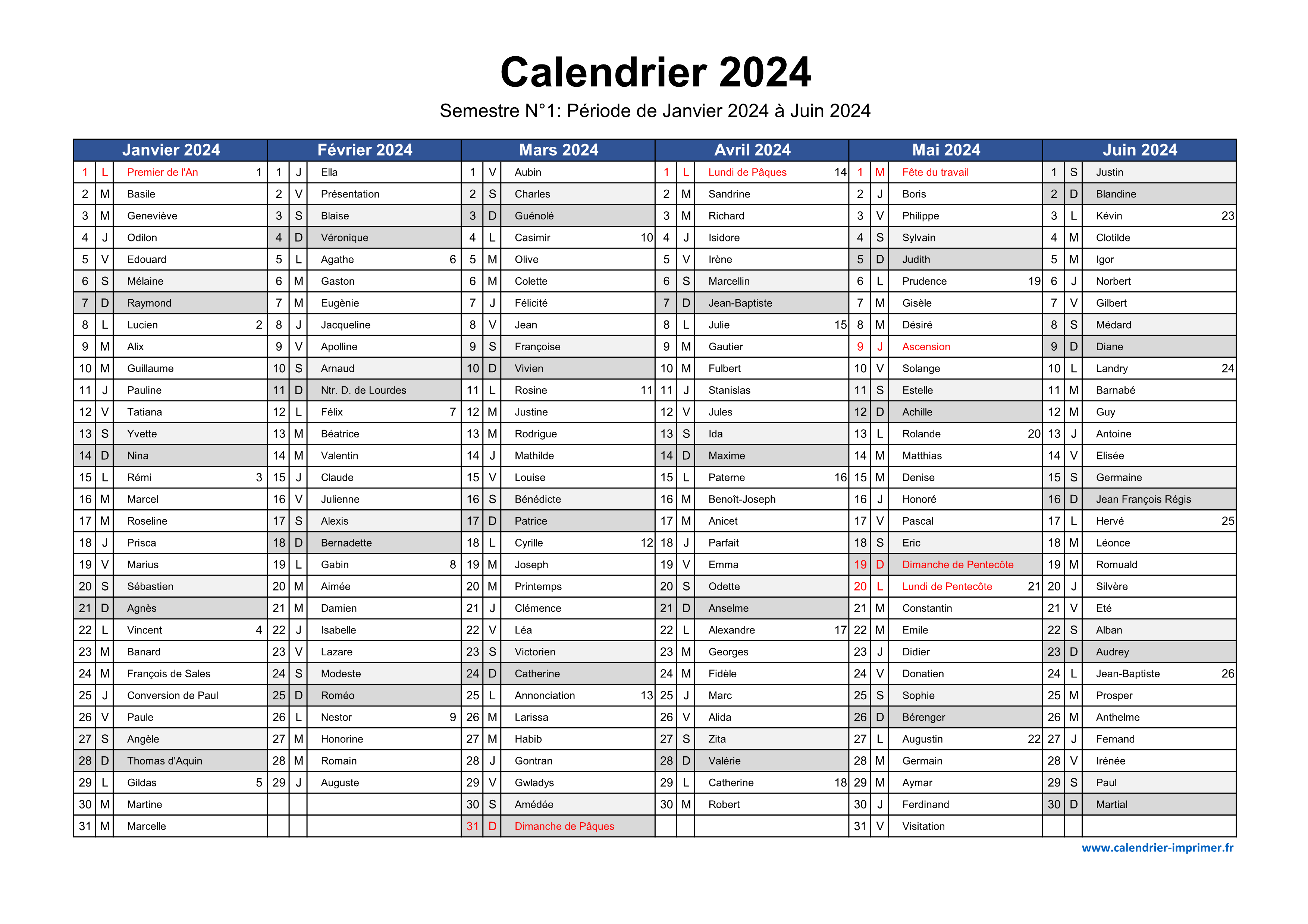 Calendrier 2024 à imprimer avec les jours fériés - Calendriers A4