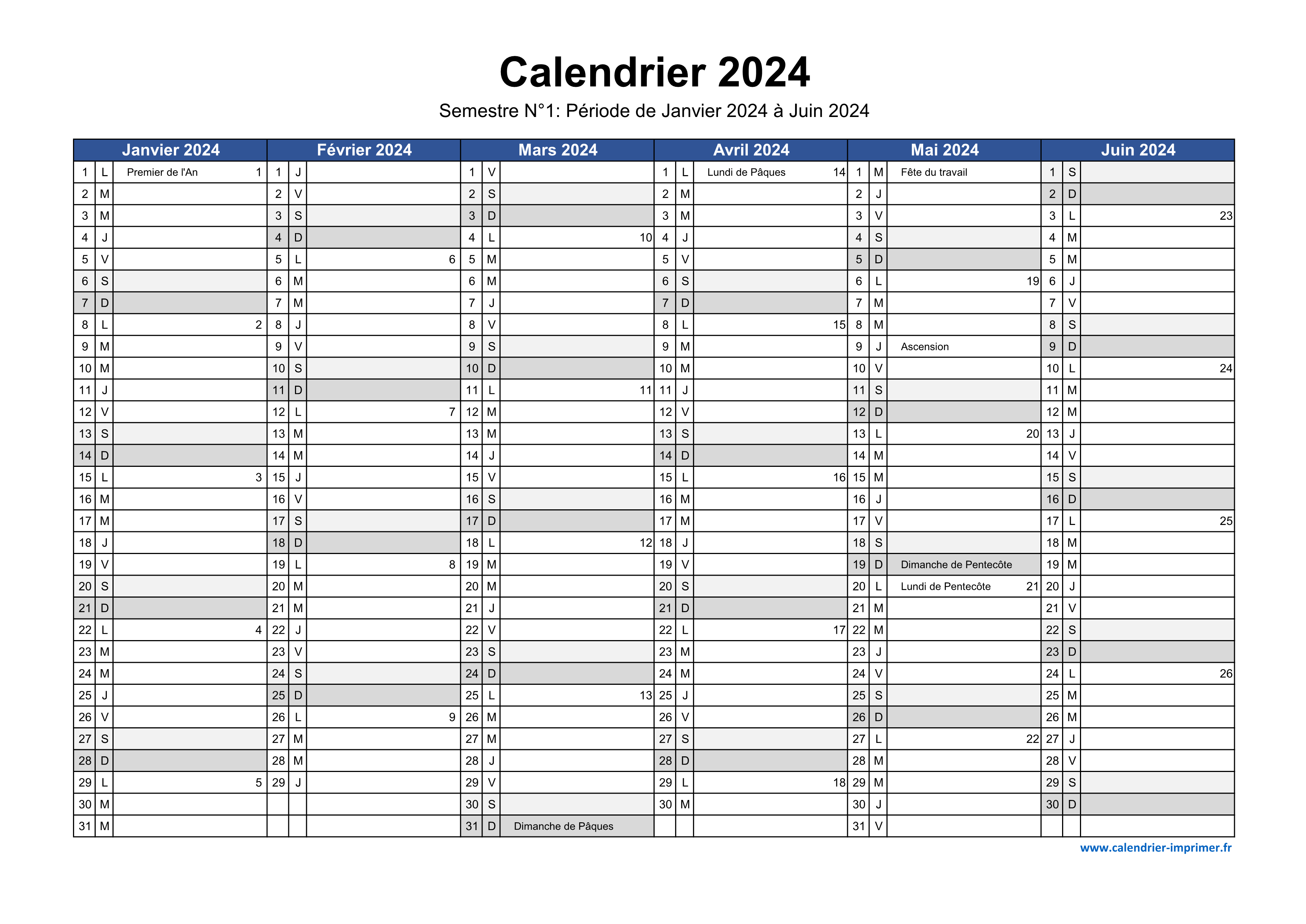 Calendrier 2024 avec jours fériés en France et numéro des semaines …  impression, gratuit, download PDF