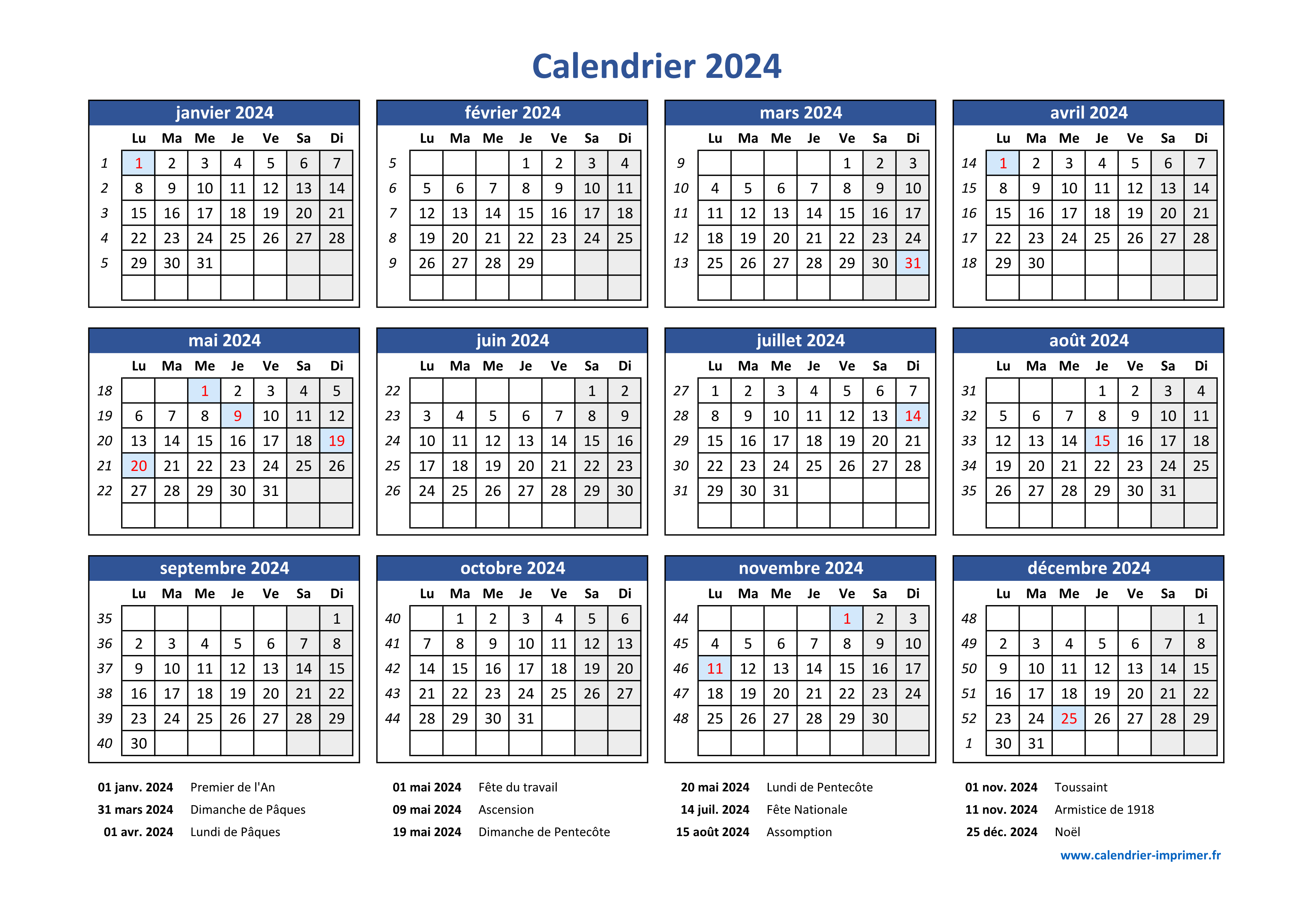 Mini calendrier 2024 à imprimer