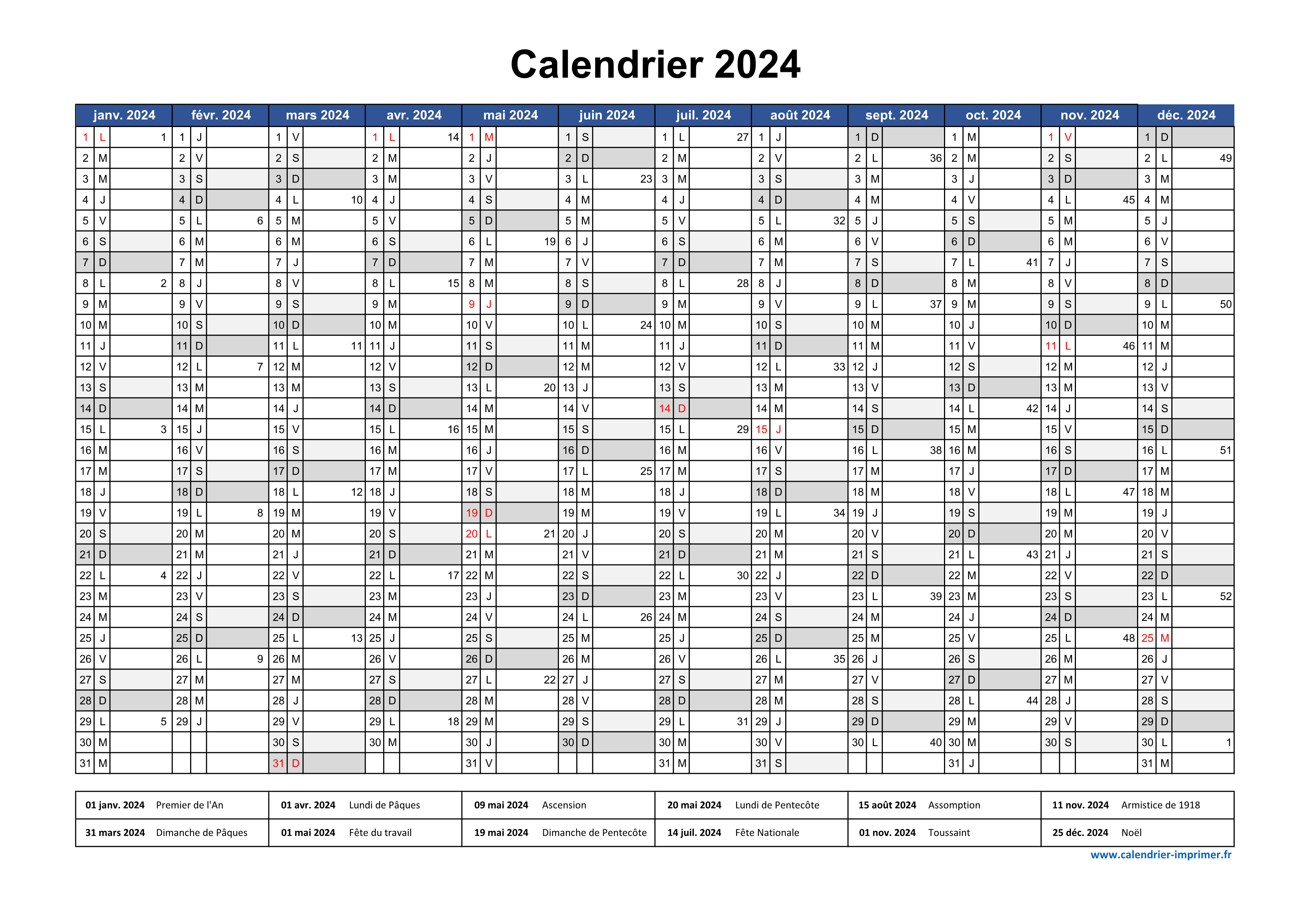 Calendrier 2024 12 mois au format 320 x 840 mm entièrement
