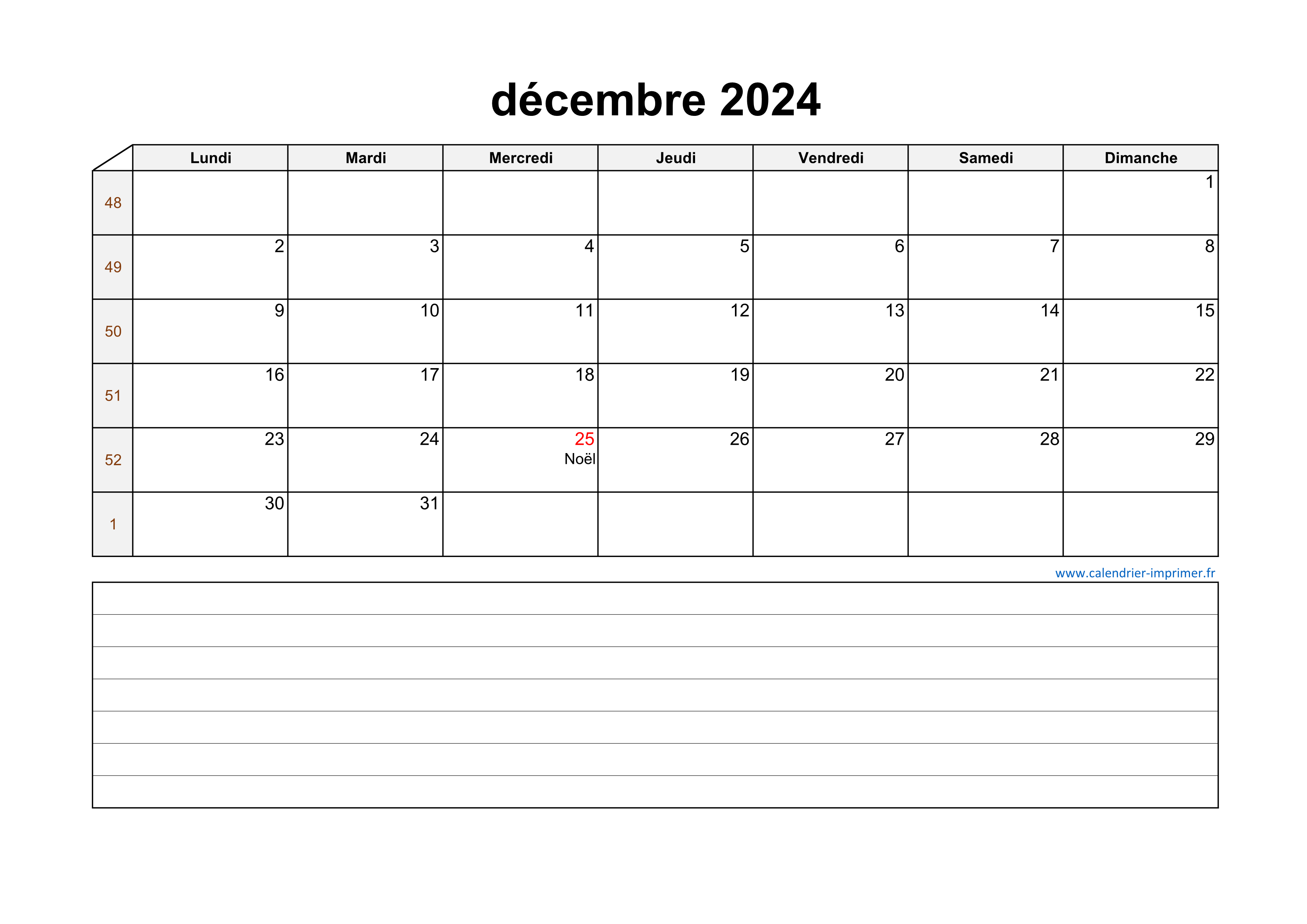 Calendrier Décembre 2024 à imprimer