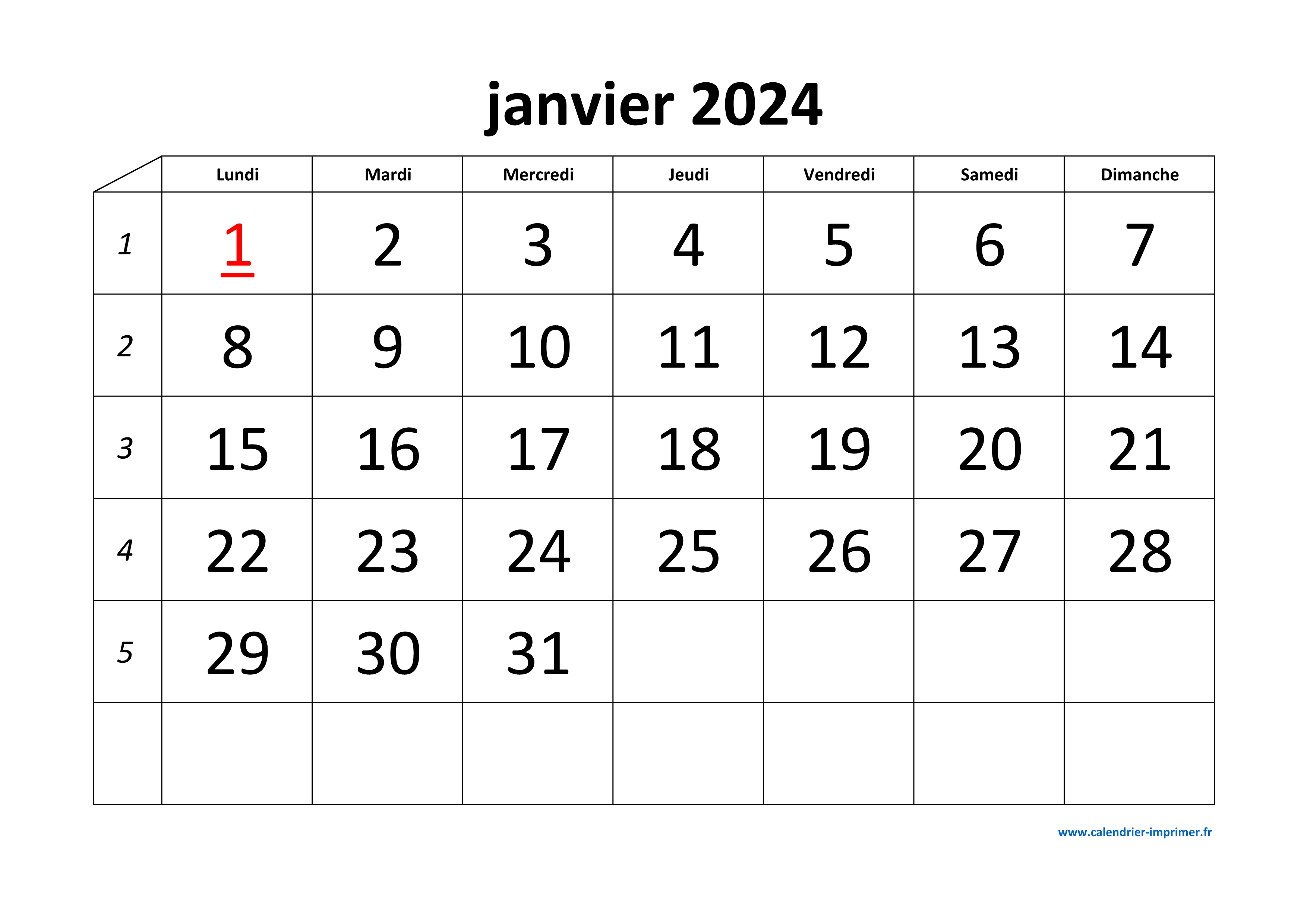Calendrier mensuel à imprimer janvier 2024