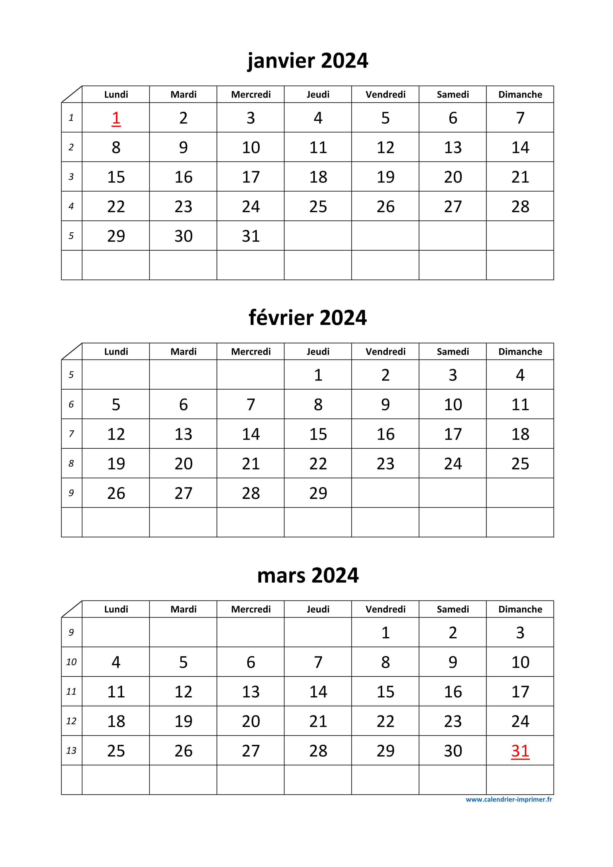Calendrier de l'année 2024 avec vacances, calendrier de l'année en un coup  d'œil, imprimable, calendrier mural, calendrier de bureau, début du  dimanche et du lundi, A4/lettre -  France