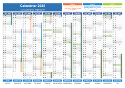 Calendrier 2025 avec vacances, jours fériés, phase de la lune et numéros de semaine