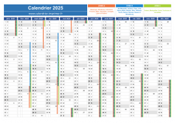 Calendrier 2025 avec vacances scolaires et numéros de semaine