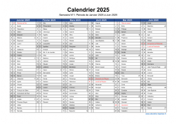 Calendrier 2025 par semestre avec fêtes