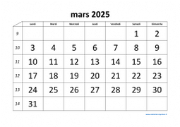 calendrier mars 2025