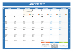 Calendrier mensuel 2025 paysage avec vacances, jours fériés, phase de la lune et numéros de semaine