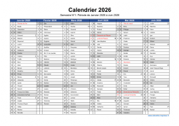 Calendrier 2026 par semestre avec fêtes