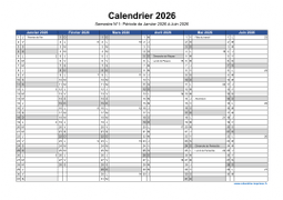 Calendrier Annuel 2026 Semestre Semaines