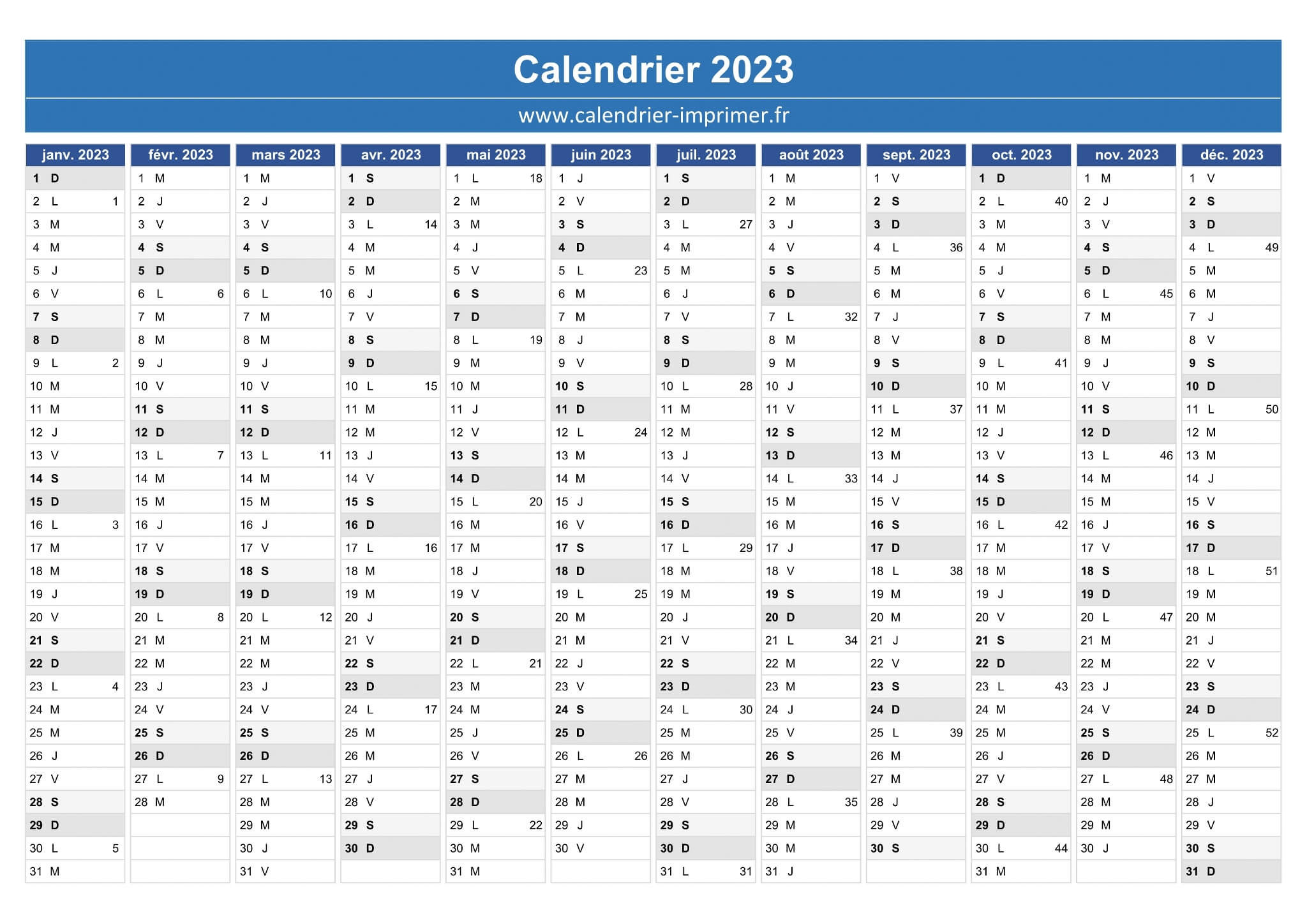 Calendrier Mensuel Remplissable de l'Année 2023 avec dimanche