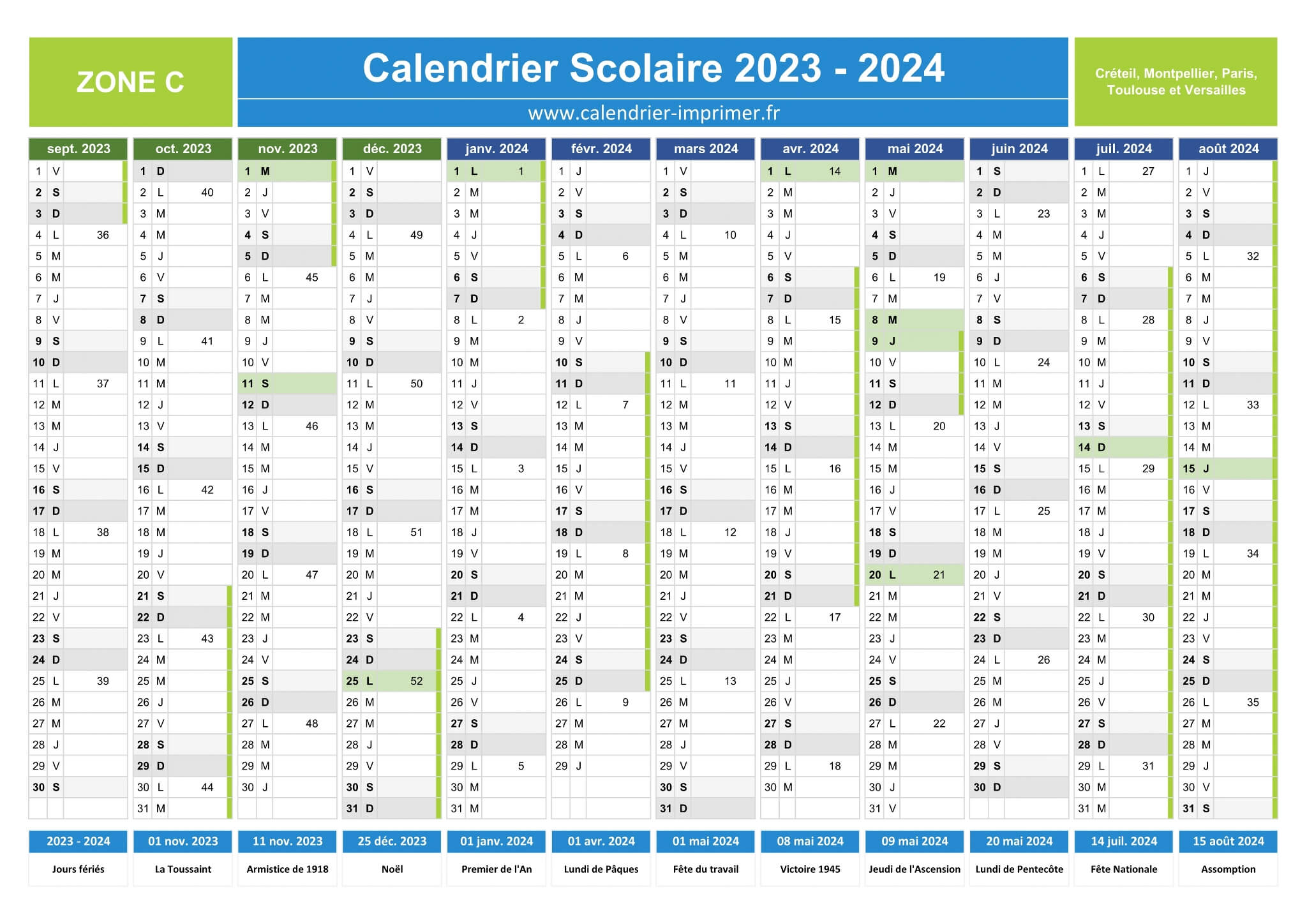 Calendrier Scolaire 2023-2024 à imprimer