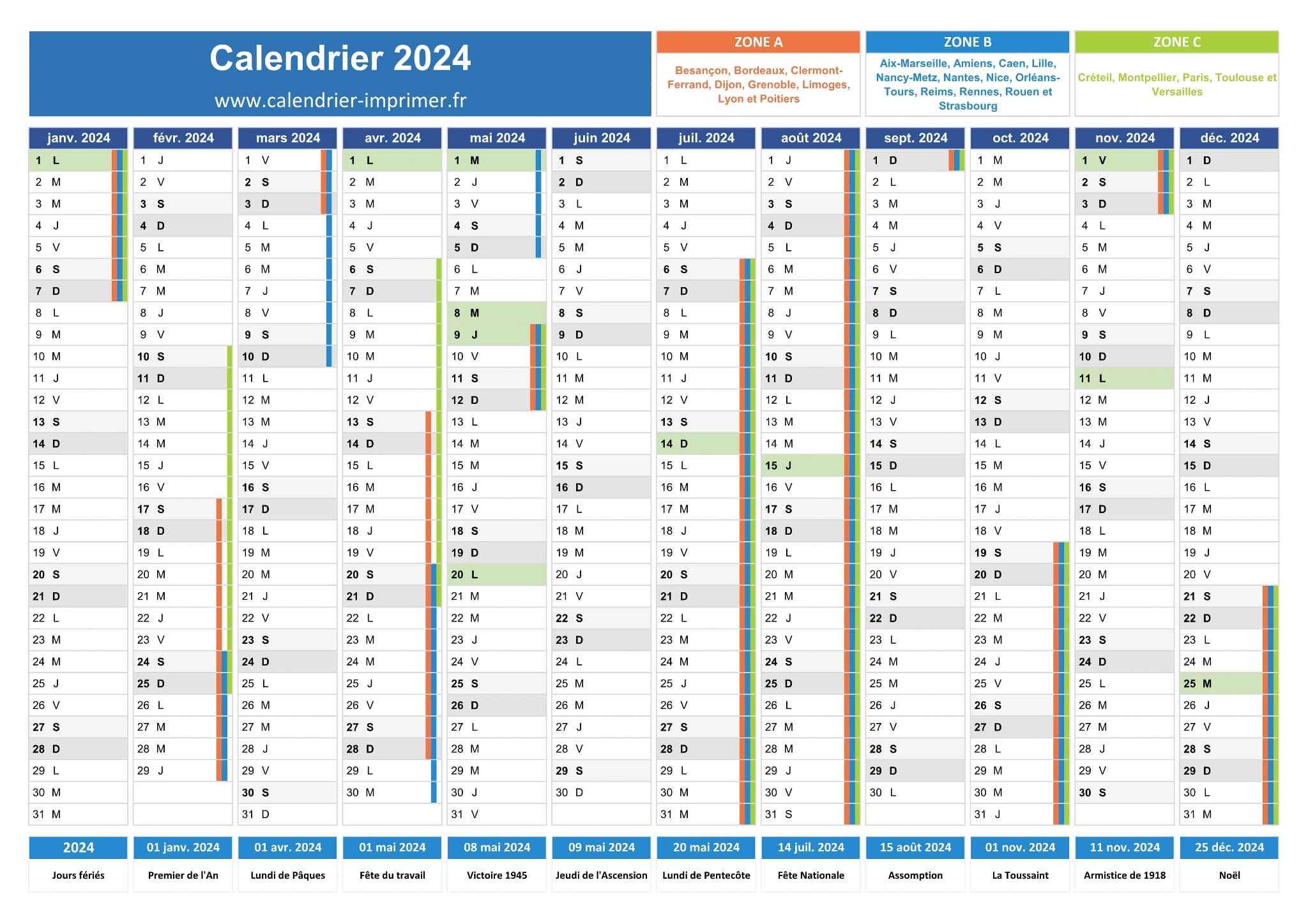 Calendrier de l'Année 2024 avec dimanche comme premier jour