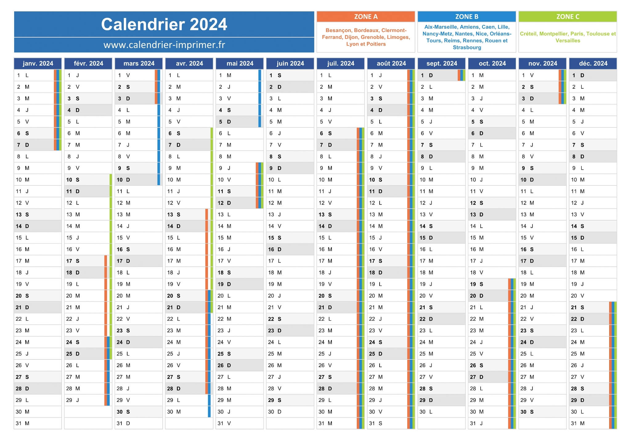 Calendrier 2024 à imprimer : jours fériés, vacances, numéros de semaine,  format Excel, PDF…